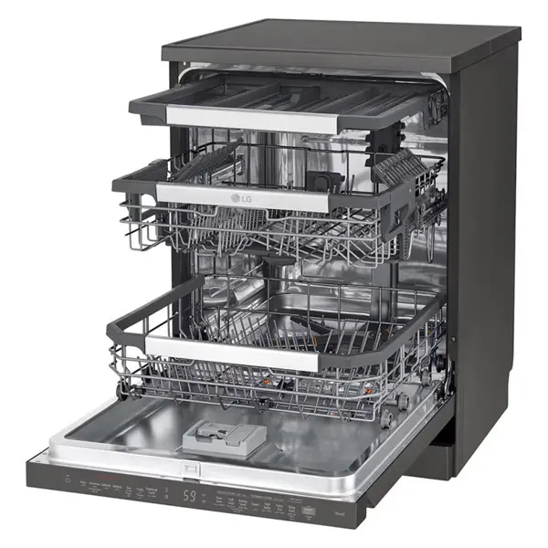 ماشین ظرفشویی ال جی مدل DFC335HD رنگ دودی با درب باز از نمای کنار