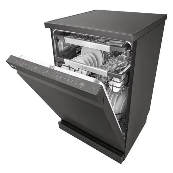 ماشین ظرفشویی ال جی مدل DFC335HD رنگ دودی با درب باز از نمای کنار