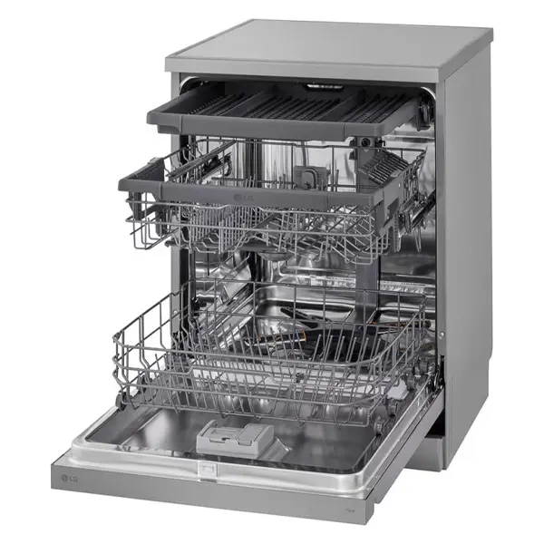 ماشین ظرفشویی 14 نفره سه طبقه ال جی مدل  DFC513FV رنگ نقره ای پلاتینیومی با درب باز از نمای کنار