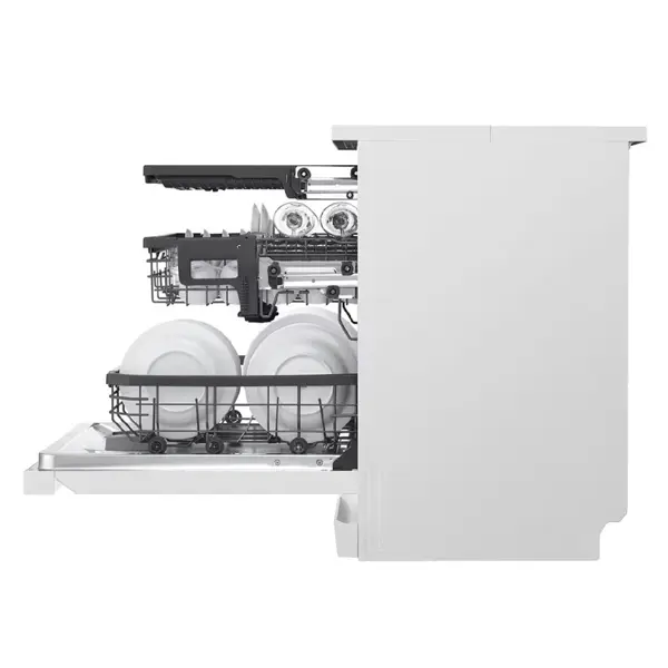 ماشین ظرفشویی 14 نفره ال جی مدل DFC435FW رنگ سفید با درب باز از نمای بغل