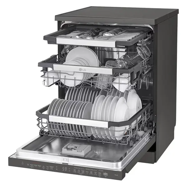 ماشین ظرفشویی ال جی مدل DFC335HD رنگ دودی با درب باز از نمای کنار