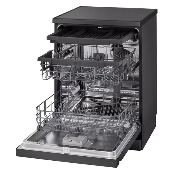 ماشین ظرفشویی 14 نفره سه طبقه ال جی مدل  DFC513FD رنگ دودی با درب باز از نمای کنار