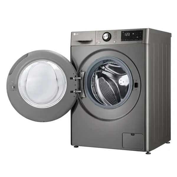 ماشین لباسشویی ال جی F4R3TYG6P رنگ نقره ای پلاتینیومی با درب باز از نمای کنار
