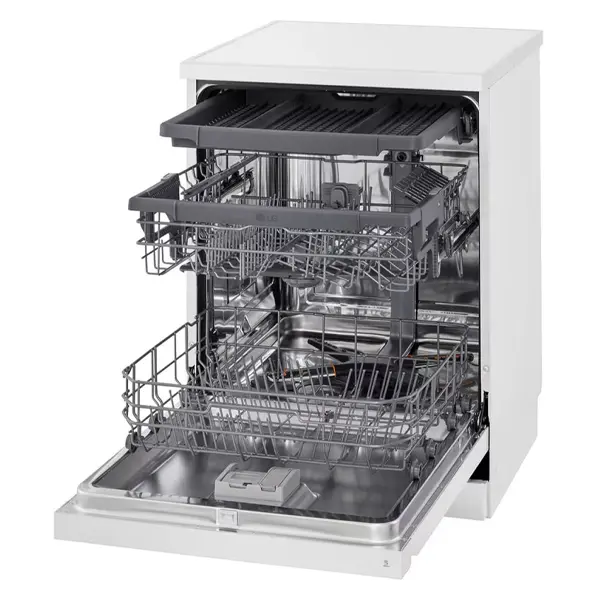 ماشین ظرفشویی 14 نفره سه طبقه ال جی مدل  DFC513W رنگ سفید با درب باز از نمای کنار