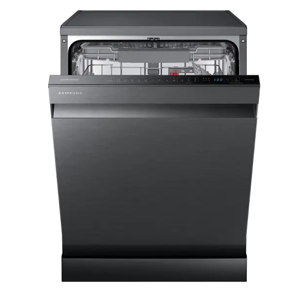 ماشین ظرفشویی سامسونگ DW60A8050FG رنگ دودی از نمای جلو با درب نیمه باز