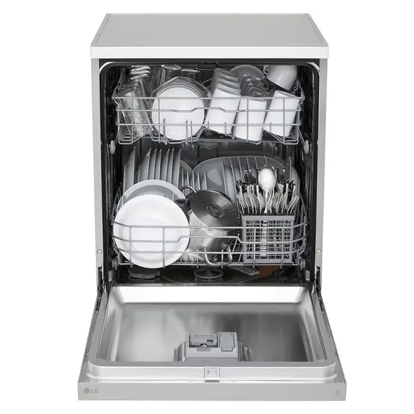 ماشین ظرفشویی ال جی مدل DFC612FV رنگ نقره ای از نمای جلو با درب باز