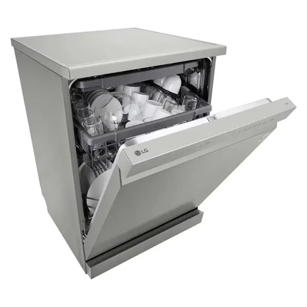 ماشین ظرفشویی ال جی DFC513FV رنگ نقره ای پلاتینیومیاز نمای کنار با درب نیمه باز