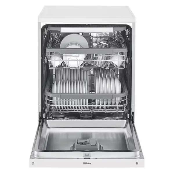 ماشین ظرفشویی ال جی مدل DF325FW رنگ سقید از نمای جلو با درب باز