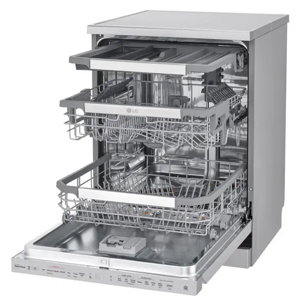 ماشین ظرفشویی ال جی مدل DFC335HP رنگ نقره ای پلاتینیومی با درب باز از نمای کنار