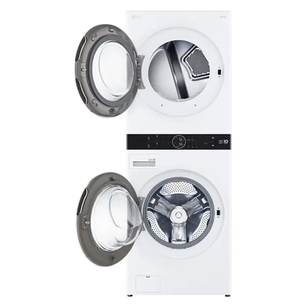 ماشین لباسشویی و خشک کن ال جی WK2116WHT رنگ سفید از نمای جلو با درب باز