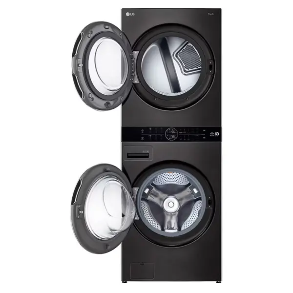 ماشین لباسشویی و خشک کن ال جی مدل WT2116BRK رنگ دودی از نمای جلو با درب باز