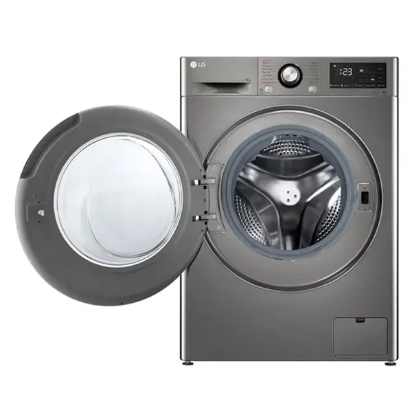 ماشین لباسشویی ال جی F4R3TYG6P رنگ نقره ای پلاتینیومی از نمای جلو با درب باز