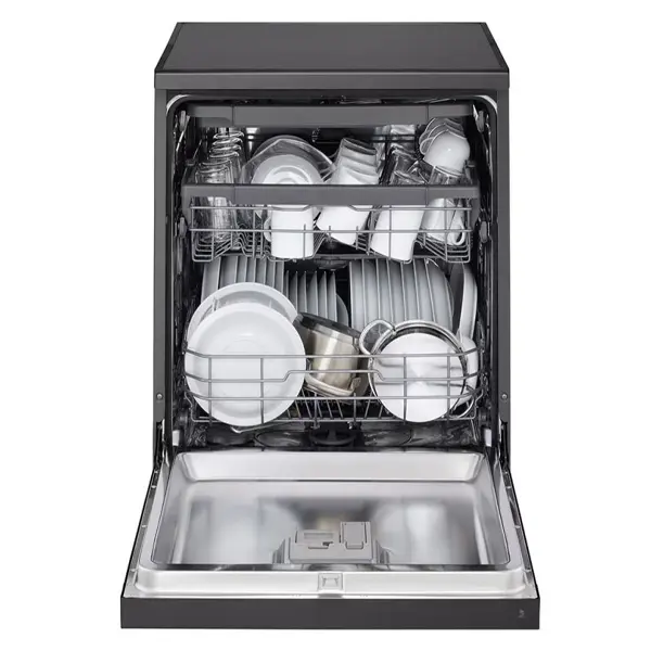 ماشین ظرفشویی 14 نفره سه طبقه ال جی مدل  DFC513FD رنگ دودی با درب باز