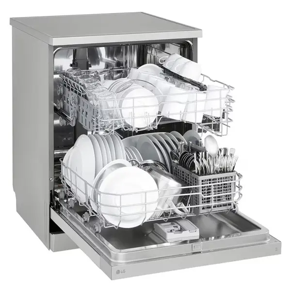 ماشین ظرفشویی ال جی مدل DFC612FV رنگ نقره ای از نمای کتار با درب باز
