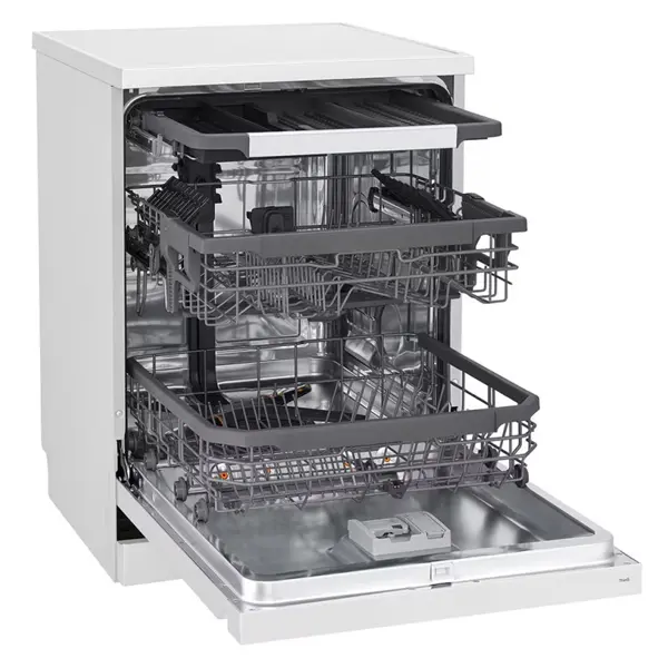 ماشین ظرفشویی 14 نفره ال جی مدل DFC435FW رنگ سفید با درب باز از نمای کنار