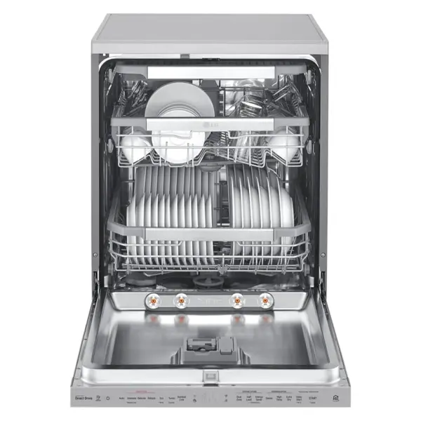 ماشین ظرفشویی 14 نفره سه طبقه ال جی مدل DFC335HP رنگ نقره ای پلاتینیومی با درب باز از نمای جلو