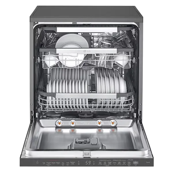 ماشین ظرفشویی 14 نفره سه طبقه ال جی مدل DFC335HD رنگ دودی با درب باز از نمای جلو