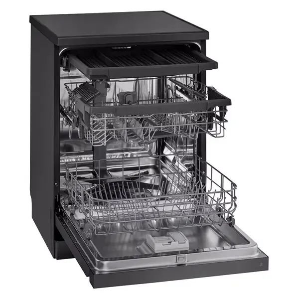 ماشین ظرفشویی 14 نفره سه طبقه ال جی مدل  DFC513FD رنگ دودی با درب باز از نمای کنار