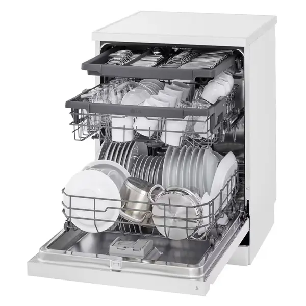 ماشین ظرفشویی ال جی مدل  DFC513W رنگ سفید با درب باز از نمای کنار
