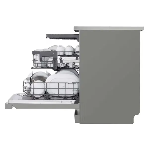 ماشین ظرفشویی 14 نفره سه طبقه ال جی مدل  DFC513FV رنگ نقره ای پلاتینیومی با درب باز از بغل
