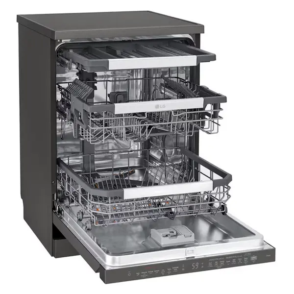 ماشین ظرفشویی ال جی مدل DFC335HD رنگ دودی با درب باز از نمای کنار