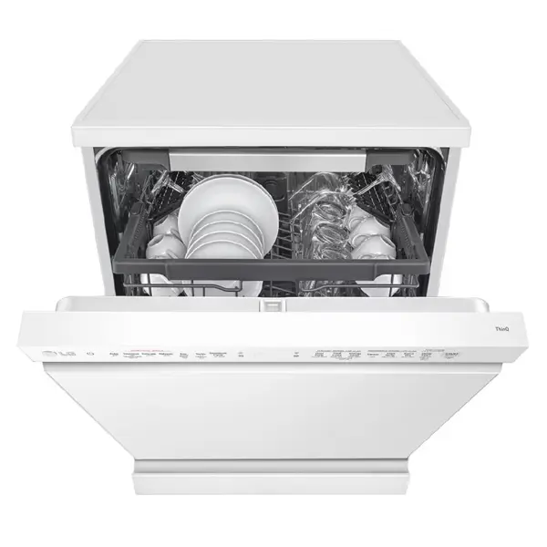 ماشین ظرفشویی ال جی DFC435FW رنگ سفید از نمای جلو با درب نیمه باز