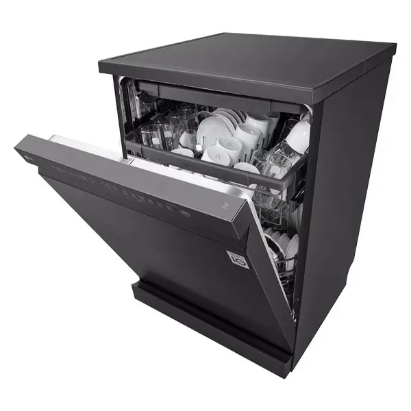 ماشین ظرفشویی ال جی DFC513FD رنگ دودی از نمای کنار با درب نیمه باز