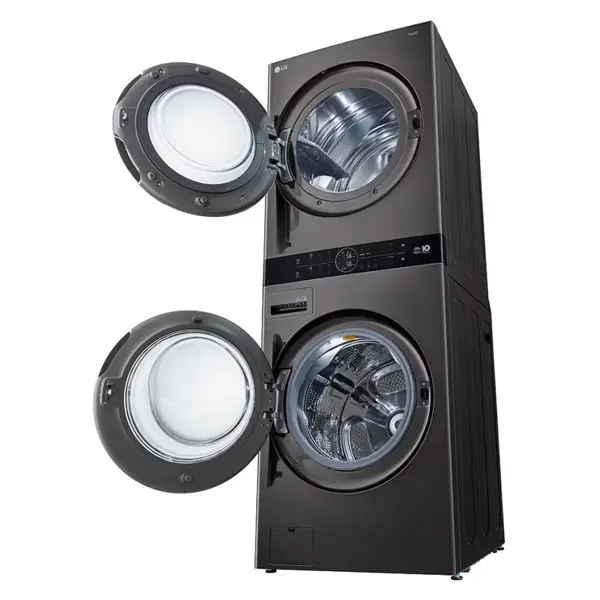 ماشین لباسشویی و خشک کن ال جی WK2116BST رنگ دودی از نمای کنار با درب باز