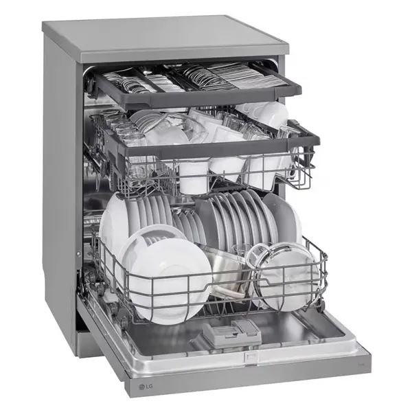ماشین ظرفشویی 14 نفره سه طبقه ال جی مدل  DFC513FV رنگ نقره ای پلاتینیومی با درب باز از نمای کنار