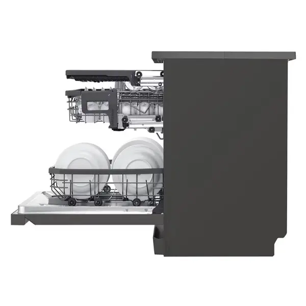 ماشین ظرفشویی ال جی مدل DFC335HD رنگ دودی با درب باز از نمای بغل