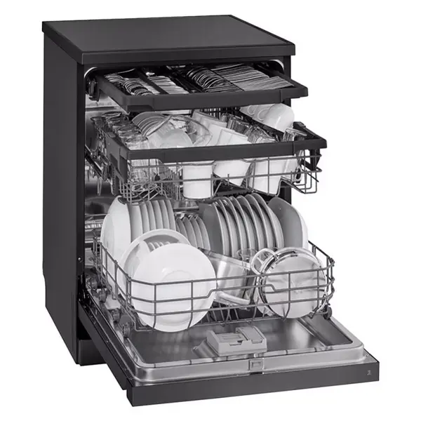 ماشین ظرفشویی 14 نفره سه طبقه ال جی مدل  DFC513FD رنگ دودی با درب باز از نمای کنار