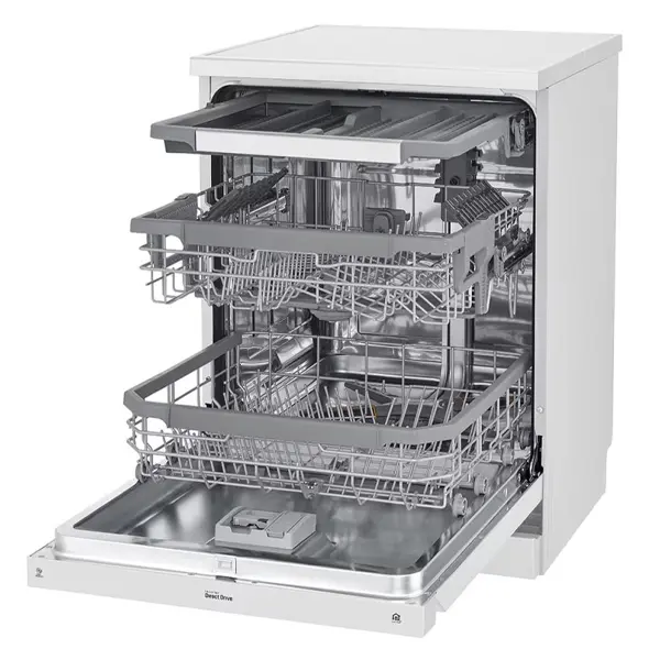 ماشین ظرفشویی 14 نفره ال جی مدل DF325FW رنگ سقید از نمای کنار با درب باز