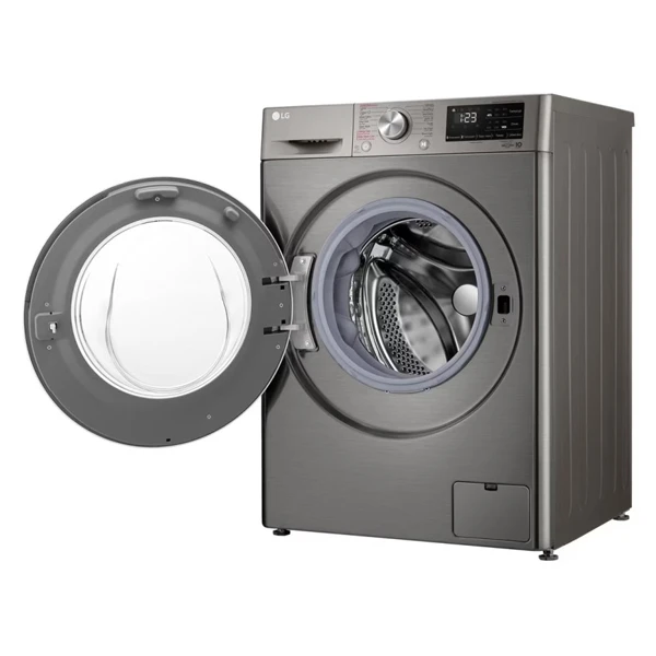ماشین لباسشویی ال جی F4R3VYGCP  رنگ نقره ای پلاتینیومی  با درب باز از نمای کنار