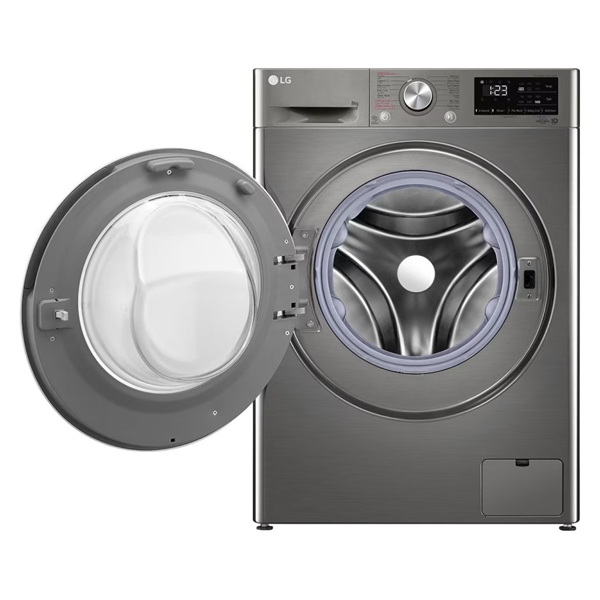 ماشین لباسشویی ال جی F4R3TYGCP رنگ نقره ای پلاتینیومی از نمای جلو با درب باز
