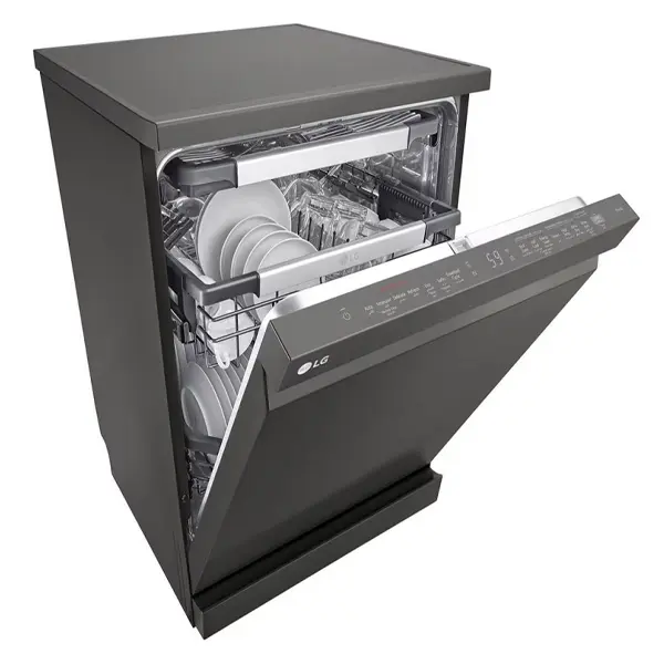 ماشین ظرفشویی ال جی مدل DFC335HD رنگ دودی با درب نیمه  باز از نمای کنار