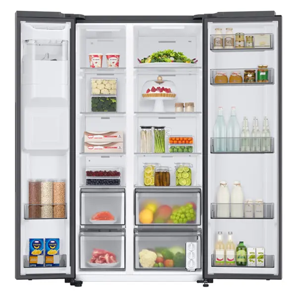 یخچال فریزر ساید بای ساید دو درب سامسونگ RS80DG5402SL رنگ نقره ای از نمای داخل