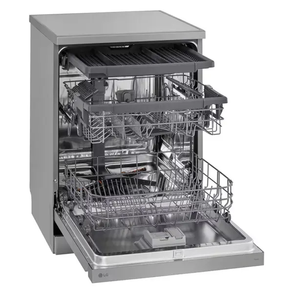 ماشین ظرفشویی 14 نفره سه طبقه ال جی مدل  DFC513FV رنگ نقره ای پلاتینیومی با درب باز از نمای کنار