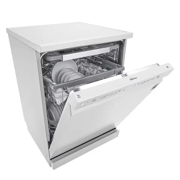 ماشین ظرفشویی 14 نفره ال جی مدل DF325FW رنگ سقید از نمای کنار با درب نیمه باز