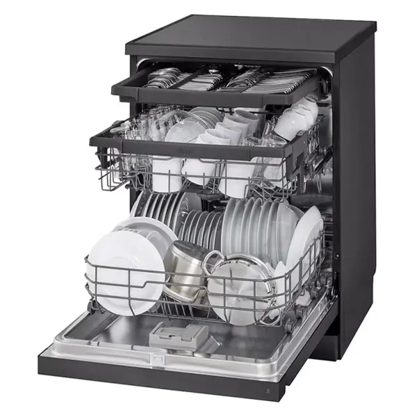 ماشین ظرفشویی ال جی مدل  DFC513FD رنگ دودی با درب باز از نمای کنار