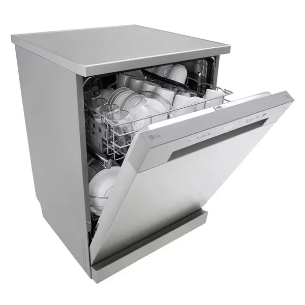 ماشین ظرفشویی 14 نفره دو طبقه ال جی مدل DFC612FV رنگ نقره ای از نمای کنار با درب نیمه باز