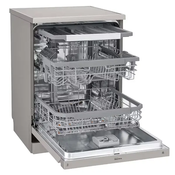 ماشین ظرفشویی 14 نفره ال جی مدل DFC435FP رنگ نقره ای پلاتینیوم با درب باز از نمای کنار