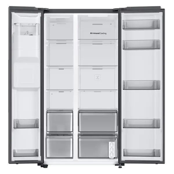 یخچال فریزر ساید بای ساید دو درب سامسونگ RS80DG5402SL رنگ نقره ای از نمای داخل