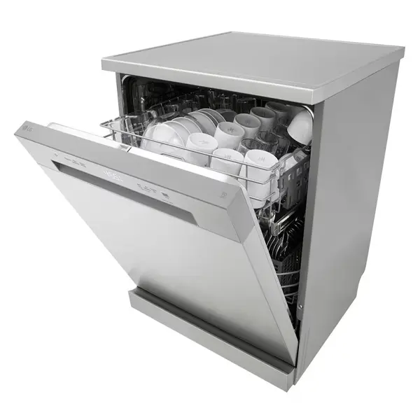 ماشین ظرفشویی 14 نفره دو طبقه ال جی مدل DFC612FV رنگ نقره ای از نمای کنار با درب نیمه باز