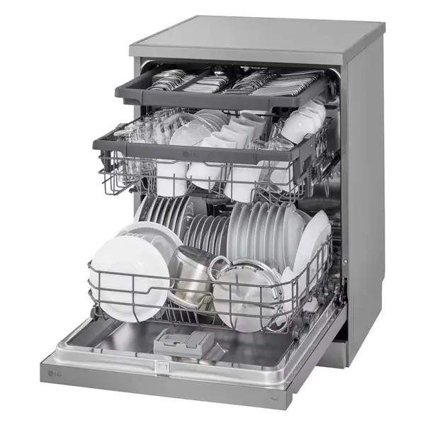 ماشین ظرفشویی ال جی مدل  DFC513FV رنگ نقره ای پلاتینیومی با درب باز از نمای کنار