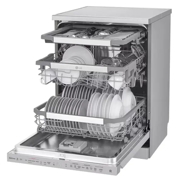 ماشین ظرفشویی ال جی مدل DFC335HP رنگ نقره ای پلاتینیومی با درب باز از نمای کنار