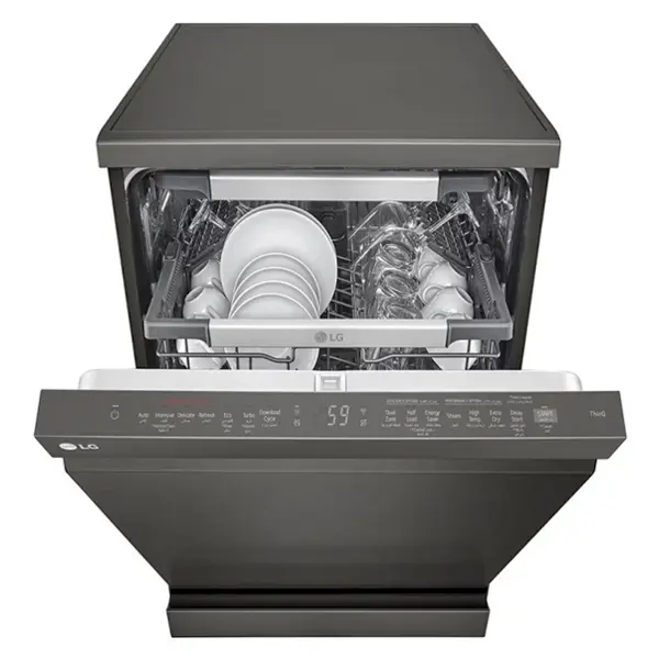ماشین ظرفشویی سه طبقه ال جی مدل DFC335HD رنگ دودی با درب نیمه  باز از نمای جلو