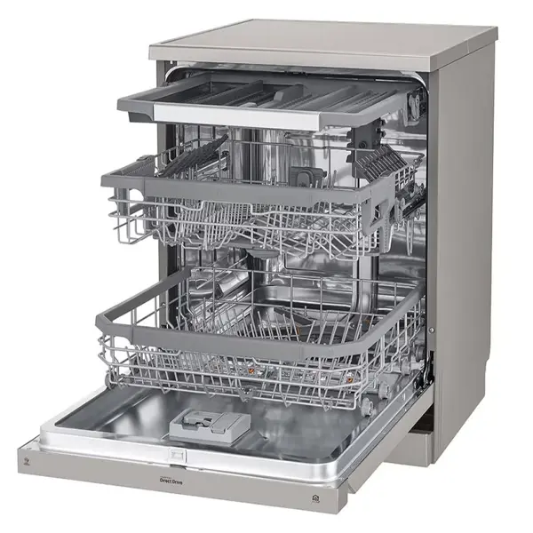 ماشین ظرفشویی 14 نفره ال جی مدل DFC435FP رنگ نقره ای پلاتینیوم با درب باز از نمای کنار