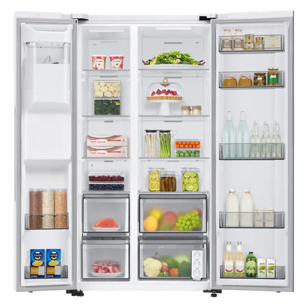 یخچال فریزر ساید بای ساید دو درب سامسونگ RS80DG5402WW رنگ سفید از نمای داخل