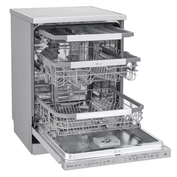 ماشین ظرفشویی ال جی مدل DFC335HP رنگ نقره ای پلاتینیومی با درب باز از نمای کنار