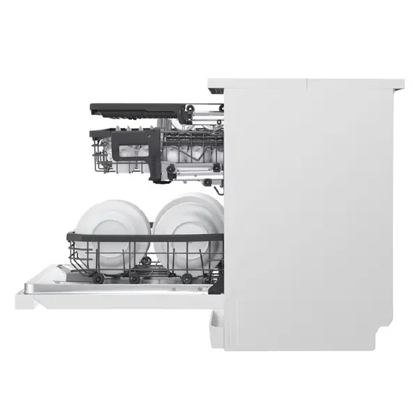 ماشین ظرفشویی 14 نفره ال جی مدل DFC435FW رنگ سفید با درب باز از نمای بغل